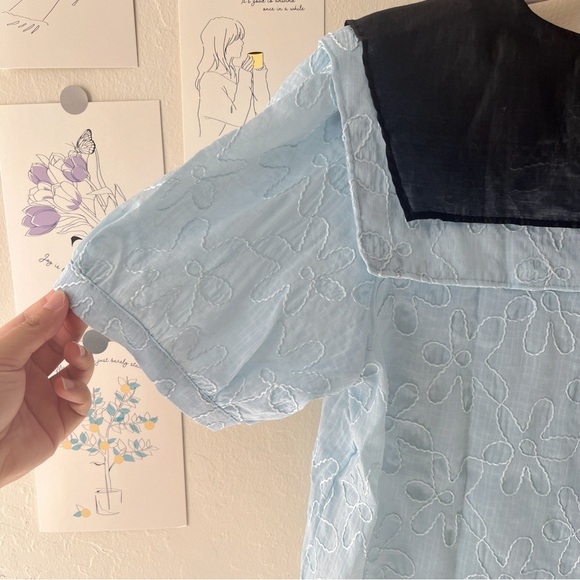 {New}Light Blue Double-Layered Sailor Collar Embroidered Blouse Puff Sleeves - Picture 5 of 9